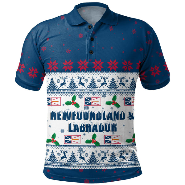 Newfoundland & Labrador Polo Shirt Christmas Knit Style Snowflake Reindeer