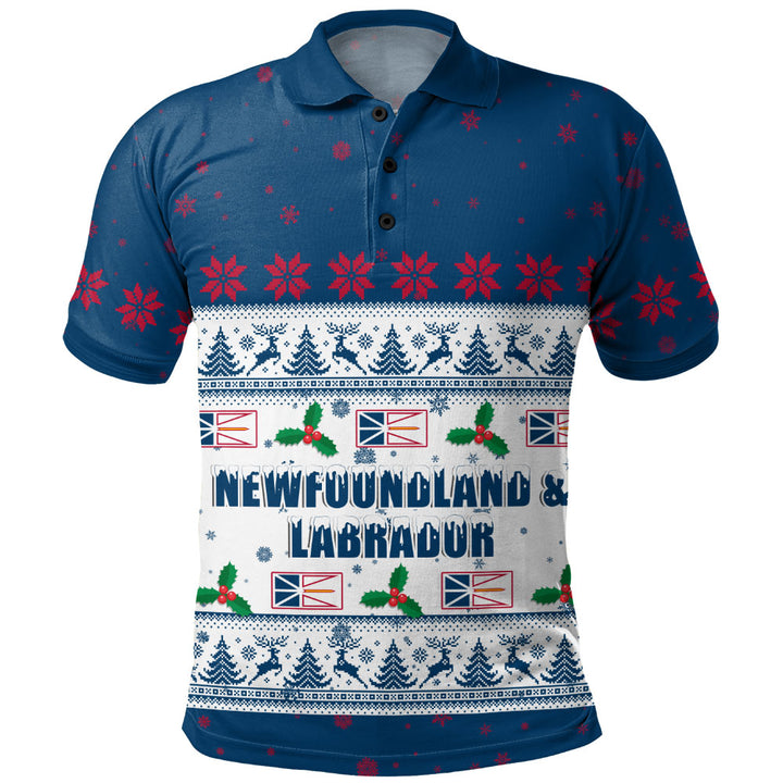 Newfoundland & Labrador Polo Shirt Christmas Knit Style Snowflake Reindeer