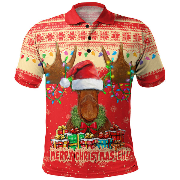 Canada Polo Shirt Xmas Moose Lights Celebration