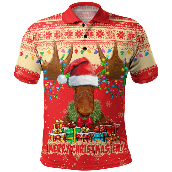 Canada Polo Shirt Xmas Moose Lights Celebration