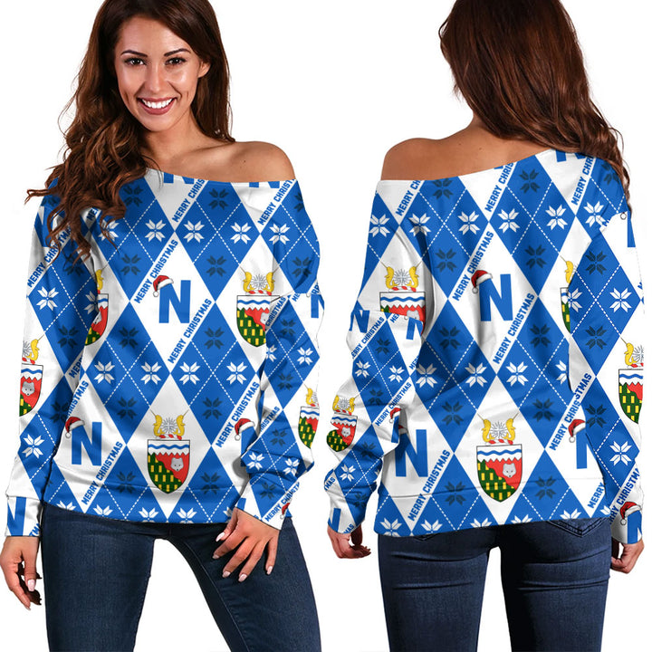 Northwest Territories Off Shoulder Sweatshirt Christmas Argyle Pattern With Royal Crest