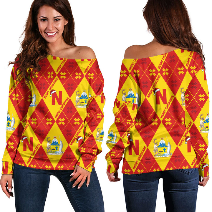 Nunavut Off Shoulder Sweatshirt Christmas Argyle Pattern With Royal Crest