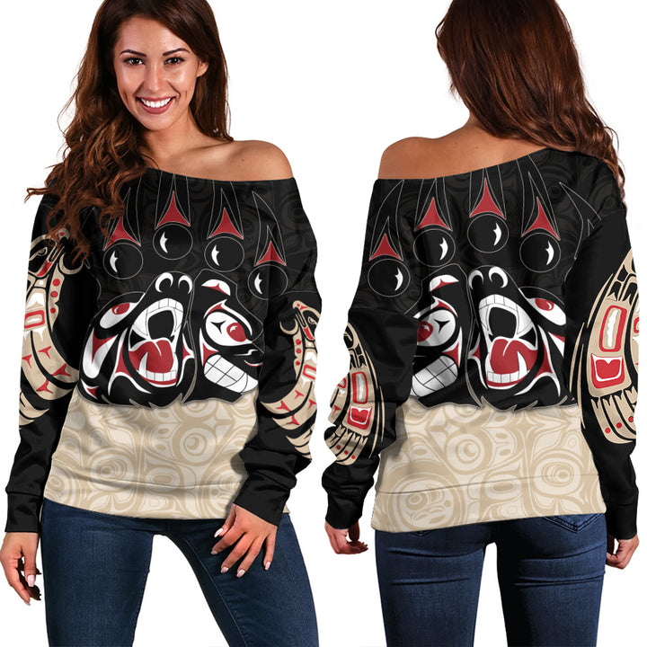 Canada Off Shoulder Sweatshirt Haida Strength Roaring Ancestral Energy
