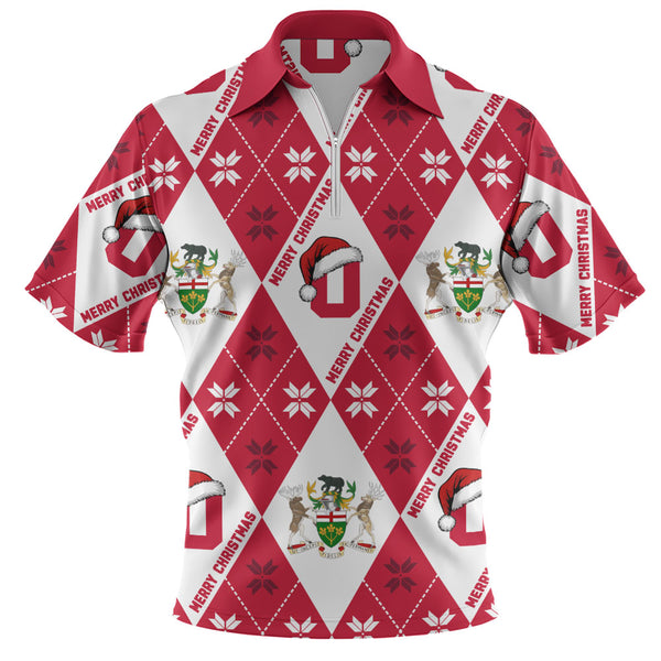 Ontario Zip Polo Shirt Christmas Argyle Pattern With Royal Crest