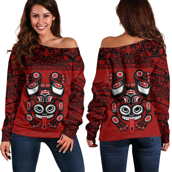 Canada Off Shoulder Sweatshirt Haida Frog Guardian Tribal Power