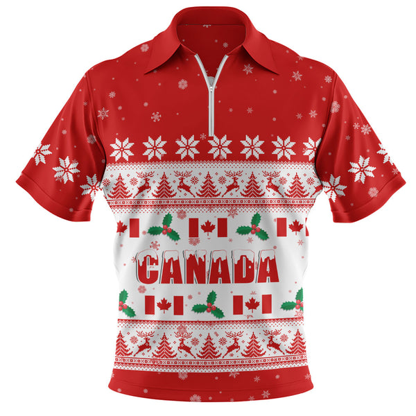 Canada Zip Polo Shirt Christmas Knit Style Snowflake Reindeer