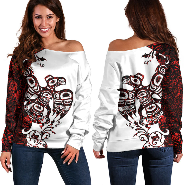 Canada Off Shoulder Sweatshirt Red Sky Flight Haida Edition