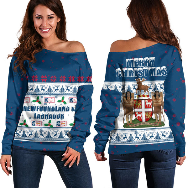 Newfoundland & Labrador Off Shoulder Sweatshirt Christmas Knit Style Snowflake Reindeer