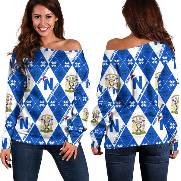 Nova Scotia Off Shoulder Sweatshirt Christmas Argyle Pattern With Royal Crest