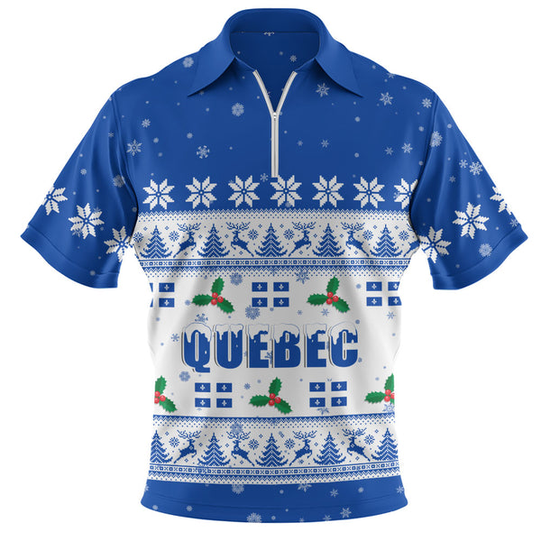 Quebec Zip Polo Shirt Christmas Knit Style Snowflake Reindeer