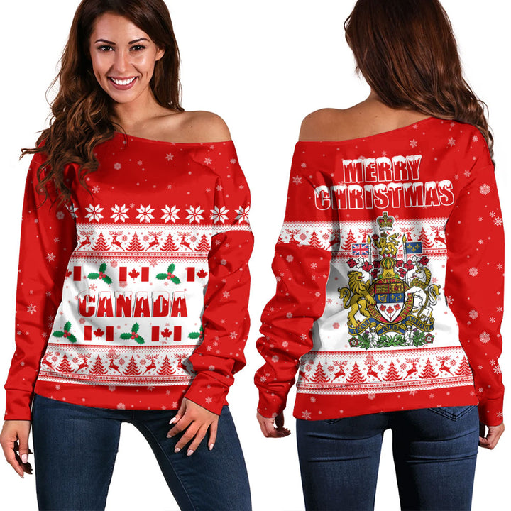 Canada Off Shoulder Sweatshirt Christmas Knit Style Snowflake Reindeer