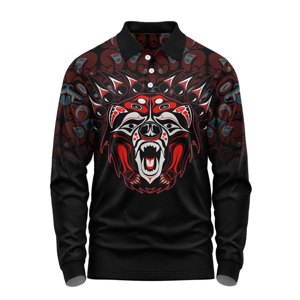 Canada Long Sleeve Polo Shirt Tribal Bear Awakening