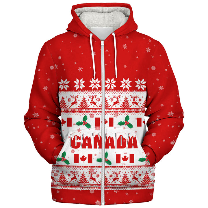 Canada Sherpa Hoodie Christmas Knit Style Snowflake Reindeer
