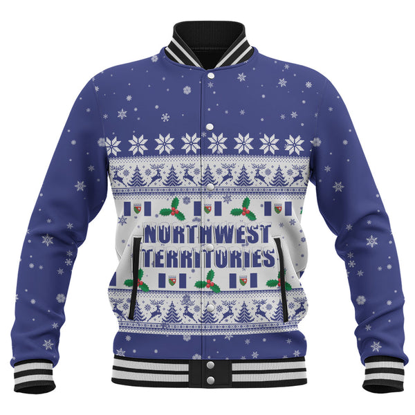 Northwest Territories Baseball Jacket Christmas Knit Style Snowflake Reindeer