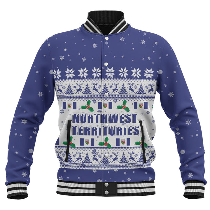 Northwest Territories Baseball Jacket Christmas Knit Style Snowflake Reindeer
