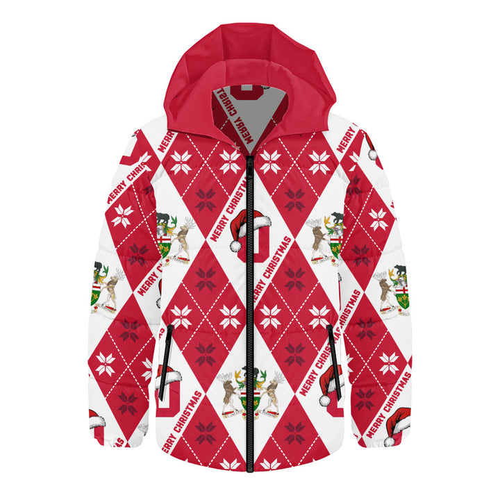 Ontario Hooded Padded Jacket Christmas Argyle Pattern With Royal Crest