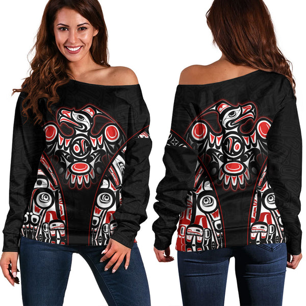 Canada Off Shoulder Sweatshirt Thunderbird Totem Legacy Black And Red Power