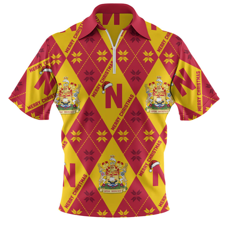 New Brunswick Zip Polo Shirt Christmas Argyle Pattern With Royal Crest