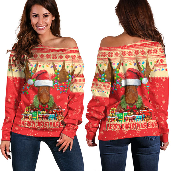 Canada Off Shoulder Sweatshirt Xmas Moose Lights Celebration