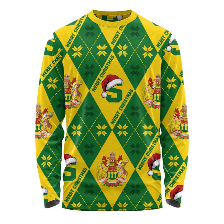 Saskatchewan Long Sleeve T-Shirt Christmas Argyle Pattern With Royal Crest