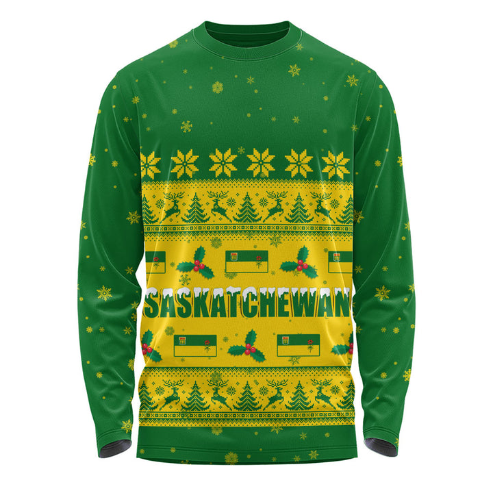 Saskatchewan Long Sleeve T-Shirt Christmas Knit Style Snowflake Reindeer