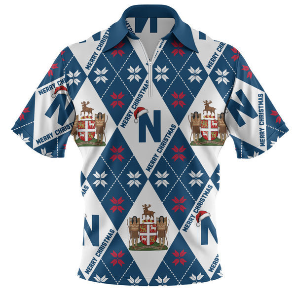 Newfoundland & Labrador Zip Polo Shirt Christmas Argyle Pattern With Royal Crest