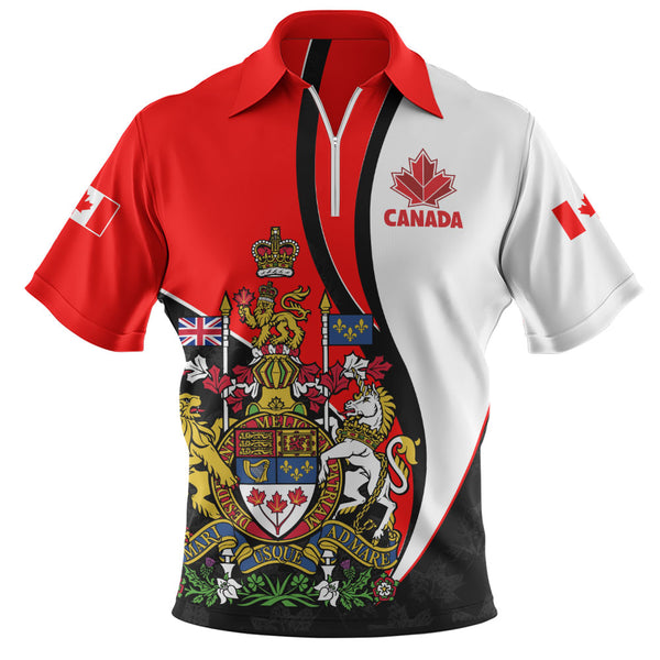 Canada Zip Polo Shirt Maple Crown Crest With National Pride