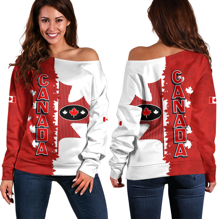 Canada Off Shoulder Sweatshirt Bold Leaf Patriotic Canada Edition