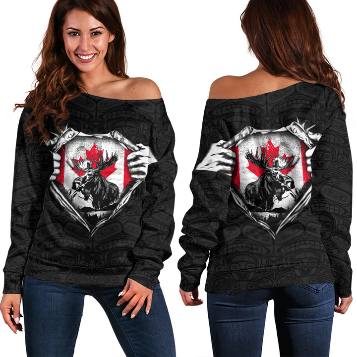 Canada Off Shoulder Sweatshirt Haida Maple Flag Moose Legacy