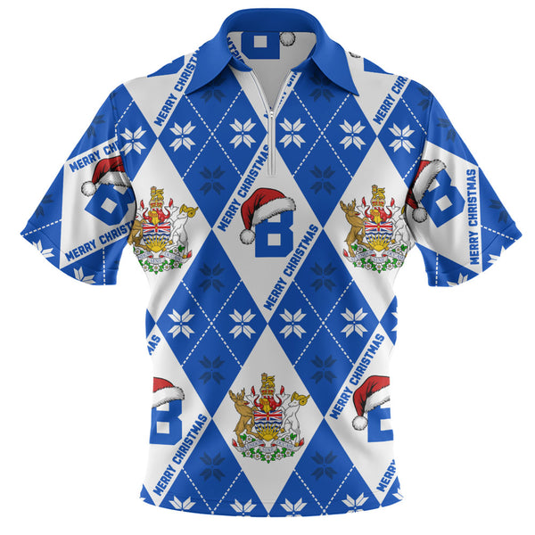 British Columbia Zip Polo Shirt Christmas Argyle Pattern With Royal Crest