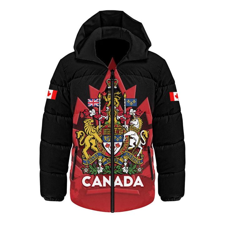 Canada Hooded Padded Jacket Royal Red Black National Emblem Of Canada
