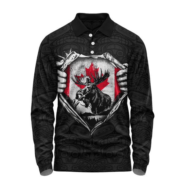 Canada Long Sleeve Polo Shirt Haida Maple Flag Moose Legacy