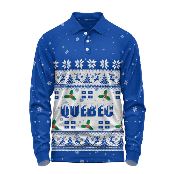 Quebec Long Sleeve Polo Shirt Christmas Knit Style Snowflake Reindeer