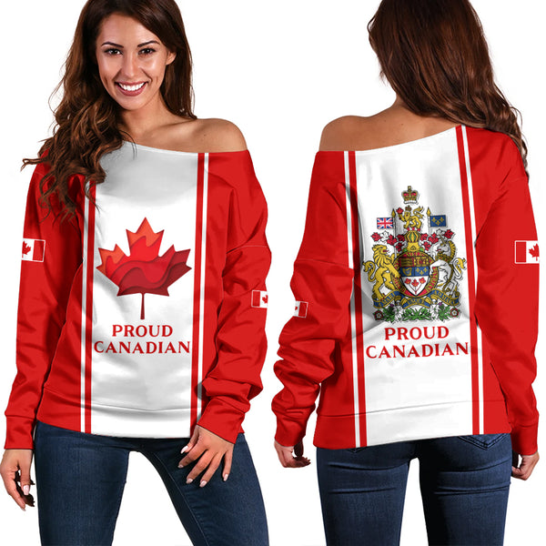 Canada Off Shoulder Sweatshirt Proud Canadian Vertical Maple Flag Edition