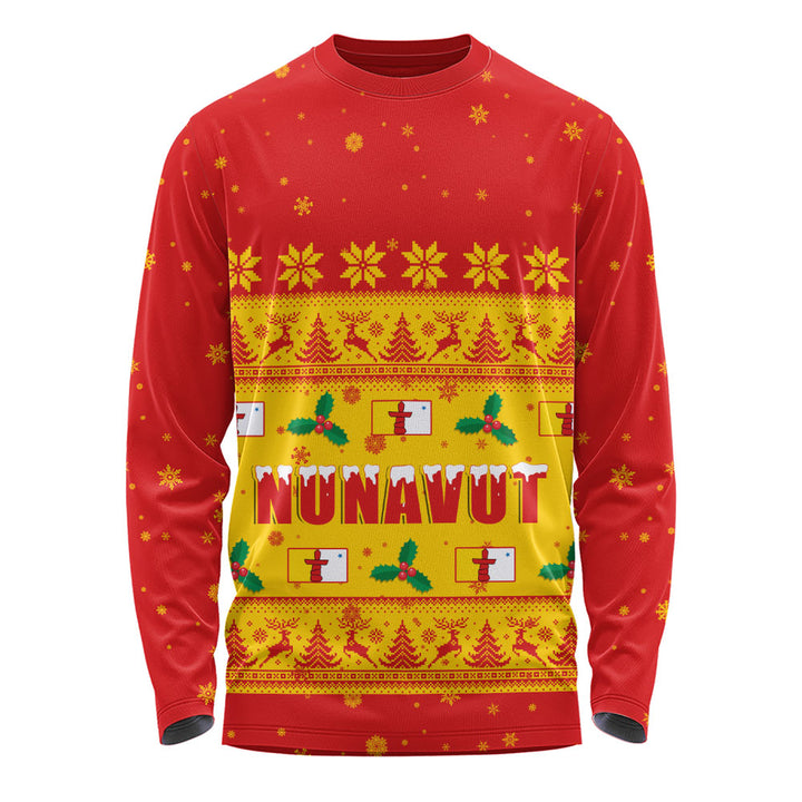 Nunavut Long Sleeve T-Shirt Christmas Knit Style Snowflake Reindeer