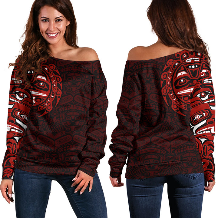 Canada Off Shoulder Sweatshirt Red Wisdom Haida Edition