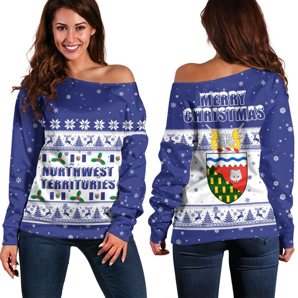 Northwest Territories Off Shoulder Sweatshirt Christmas Knit Style Snowflake Reindeer