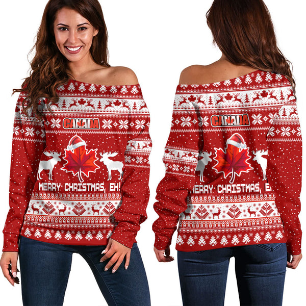 Canada Off Shoulder Sweatshirt Maple Leaf Merry Christmas Eh
