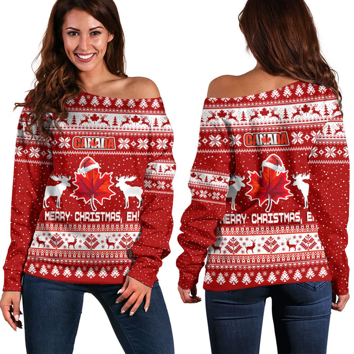 Canada Off Shoulder Sweatshirt Maple Leaf Merry Christmas Eh
