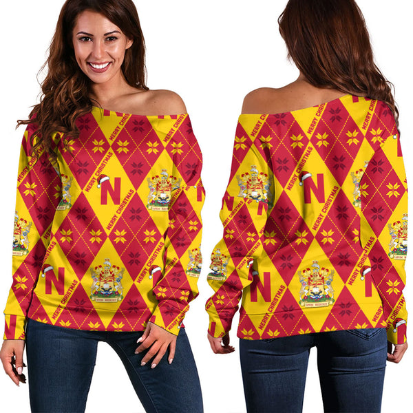 New Brunswick Off Shoulder Sweatshirt Christmas Argyle Pattern With Royal Crest