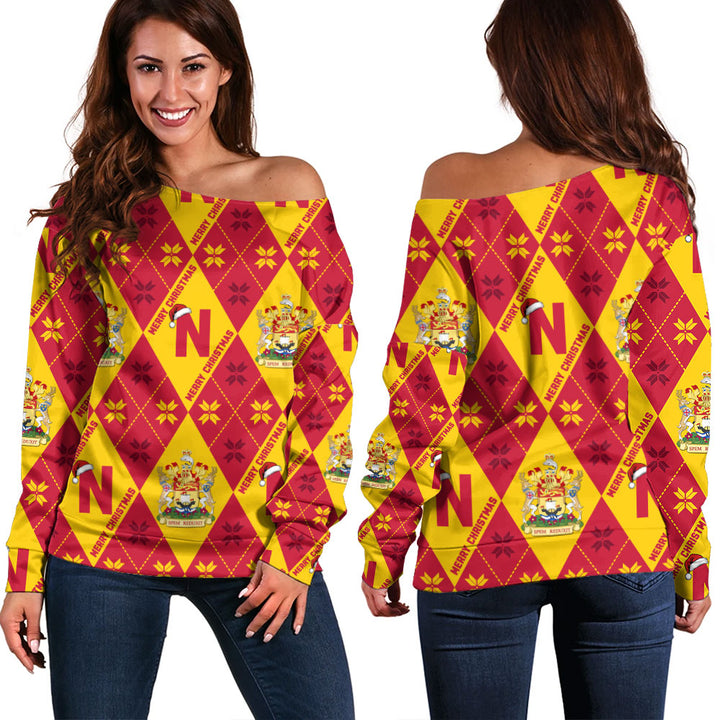 New Brunswick Off Shoulder Sweatshirt Christmas Argyle Pattern With Royal Crest