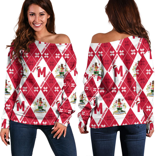 Manitoba Off Shoulder Sweatshirt Christmas Argyle Pattern With Royal Crest