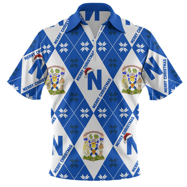 Nova Scotia Zip Polo Shirt Christmas Argyle Pattern With Royal Crest