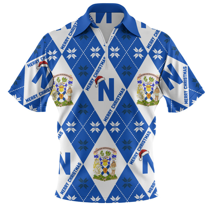 Nova Scotia Zip Polo Shirt Christmas Argyle Pattern With Royal Crest
