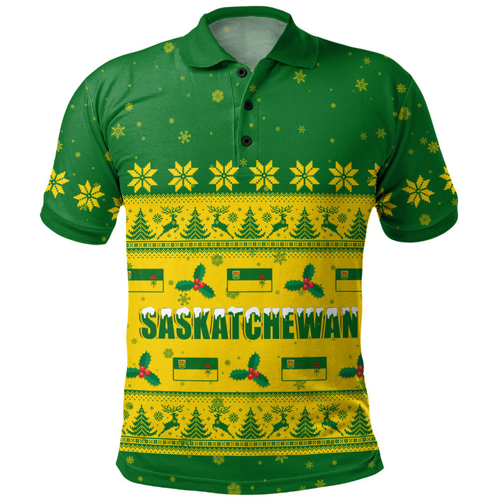 Saskatchewan Polo Shirt Christmas Knit Style Snowflake Reindeer
