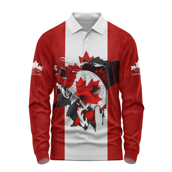 Canada Long Sleeve Polo Shirt Born To Fish Proud To Be Canadian