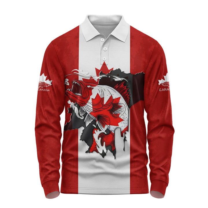 Canada Long Sleeve Polo Shirt Born To Fish Proud To Be Canadian