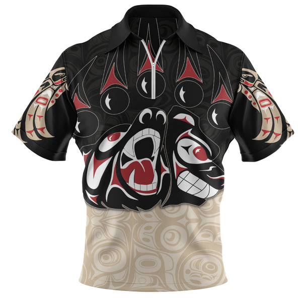 Canada Zip Polo Shirt Haida Strength Roaring Ancestral Energy