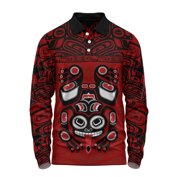 Canada Long Sleeve Polo Shirt Haida Frog Guardian Tribal Power