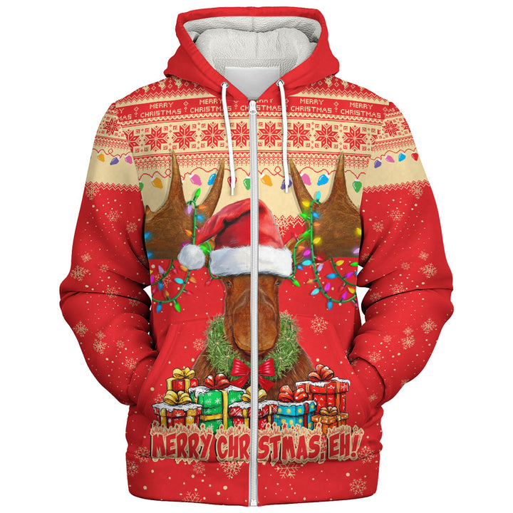 Canada Sherpa Hoodie Xmas Moose Lights Celebration